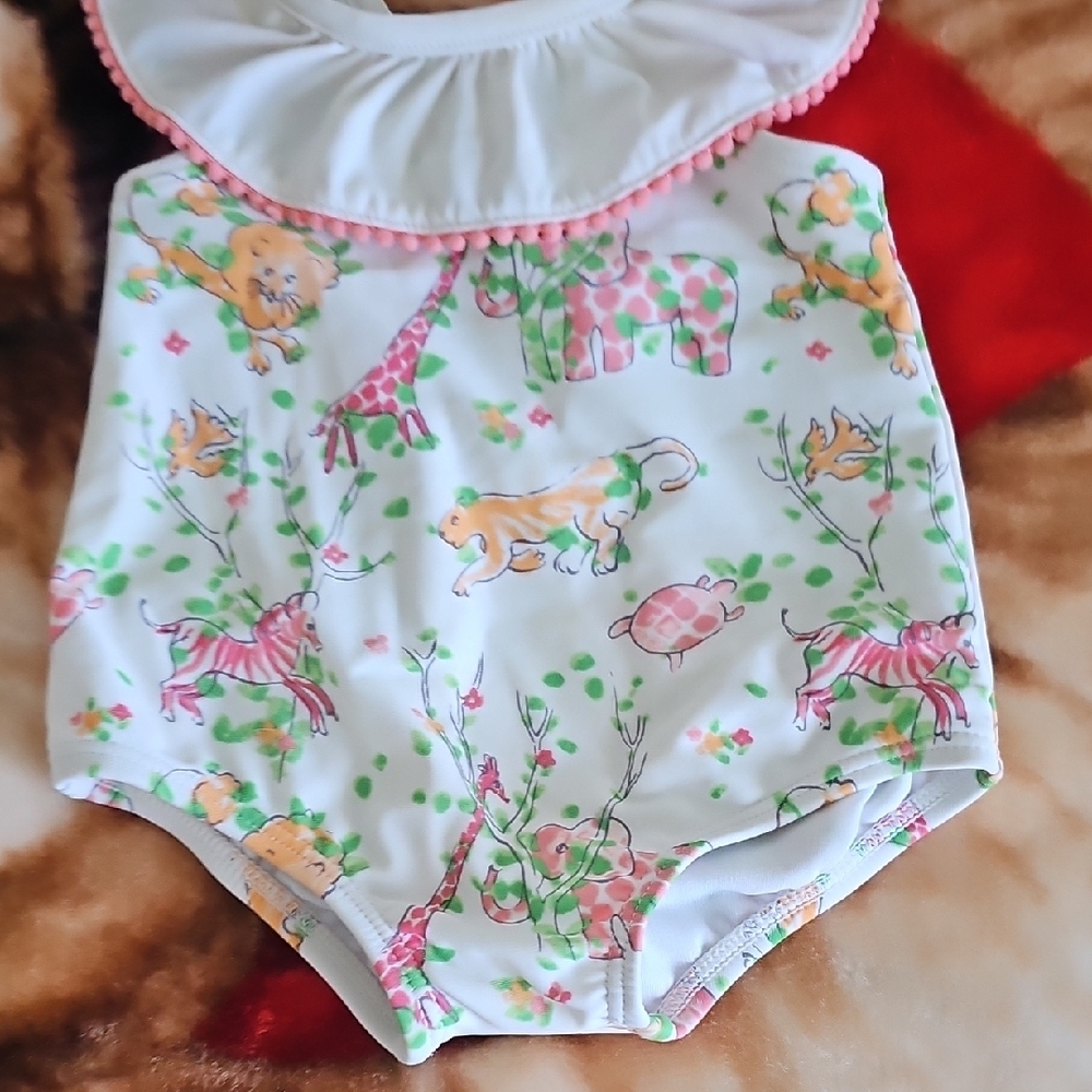 Janie and Jack White One-Piece Swimsuit with Pink and Green Safari Print - Picture 3 of 6